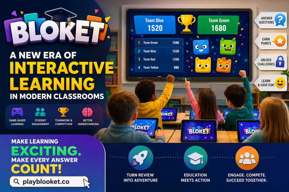 Students using Bloket interactive learning platform in a modern classroom with game-based educational activities that improve engagement, teamwork, and active learning.