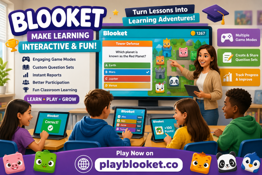 Teacher using Blooekt interactive classroom game with students learning through fun educational quizzes at playblooket.co