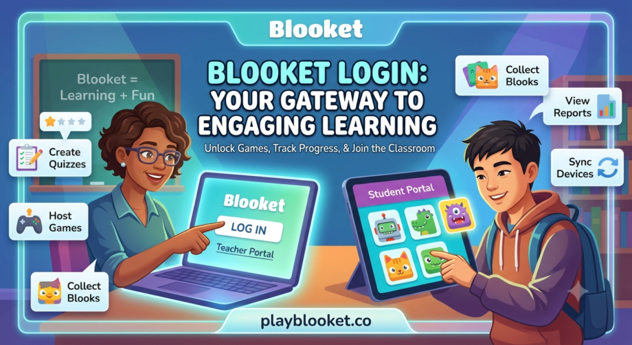 Blooket Login Made Simple: Your Complete Guide to Secure Access for Students and Teachers A teacher and a student using laptops and tablets to access the Blooket Login page in a classroom setting, featuring the playblooket.co URL.