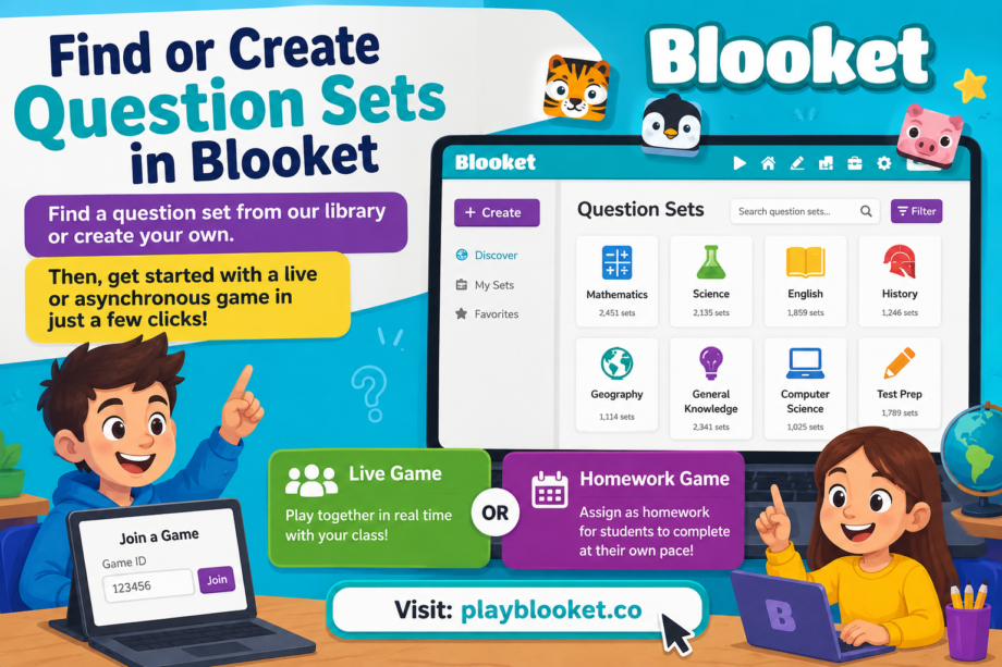 Question library in Blooket where students and teachers can find or create question sets for live and homework games.