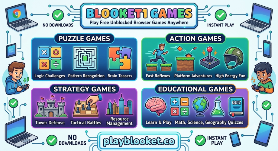 Infographic of Blooket1 games showing puzzle, action, strategy, and educational categories with playblooket.co website link.