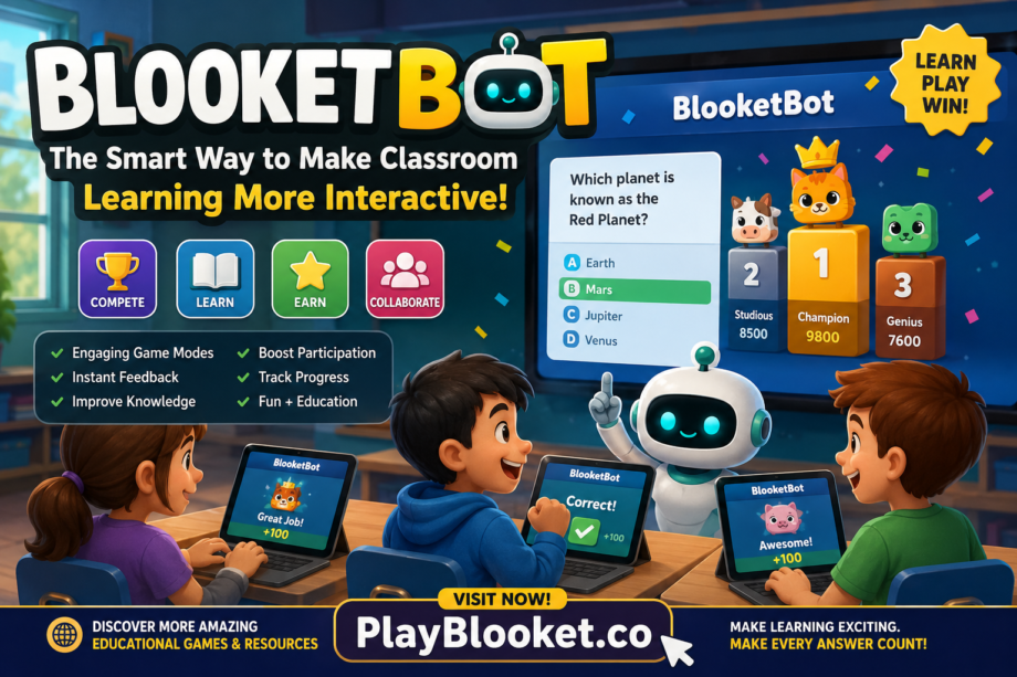 BlooketBot: The Smart Way to Make Classroom Learning More Interactive Students using BlooketBot interactive classroom review game with educational quizzes and fun learning activities, featuring PlayBlooket.co resources.