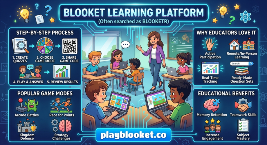 Blooketr: A Smarter Way to Turn Classroom Reviews into Interactive Learning Educational infographic about Blooket (searched as Blooketr) featuring a classroom setup, step-by-step teacher process, popular game modes, and playblooket.co link.