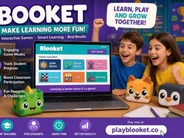 Blooket Reimagined: Why Booket Is Changing the Way Students Learn Through Games Booket interactive classroom learning game showing students using a fun educational quiz platform with game modes, rewards, and the website playblooket.co for engaging online learning.