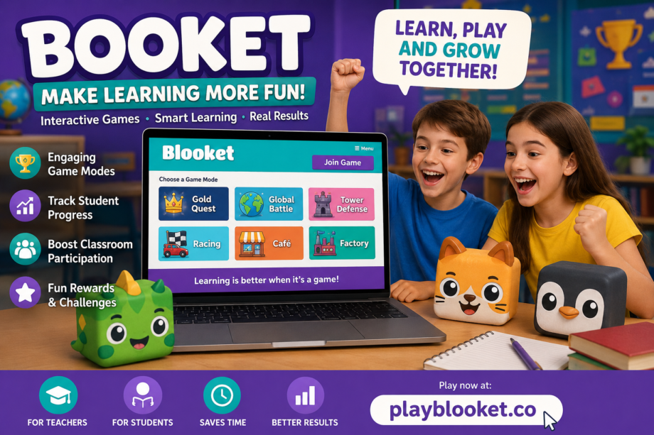Blooket Reimagined: Why Booket Is Changing the Way Students Learn Through Games Booket interactive classroom learning game showing students using a fun educational quiz platform with game modes, rewards, and the website playblooket.co for engaging online learning.