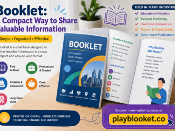 Booklet: Why Small Printed Guides Still Matter in a Digital World Professional booklet design showcasing how booklets help businesses, schools, healthcare organizations, and marketers share valuable information in a compact and organized format with playblooket.co branding.