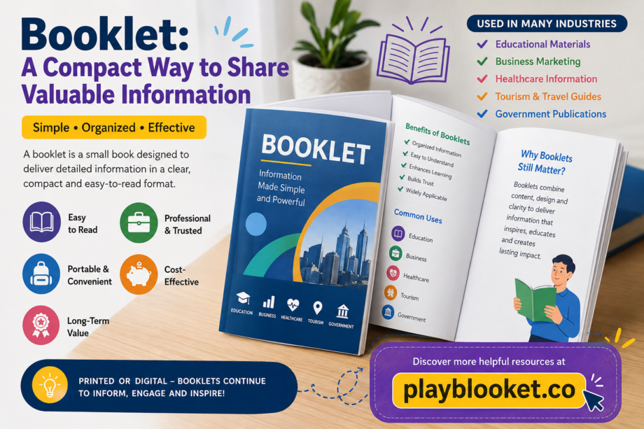 Professional booklet design showcasing how booklets help businesses, schools, healthcare organizations, and marketers share valuable information in a compact and organized format with playblooket.co branding.
