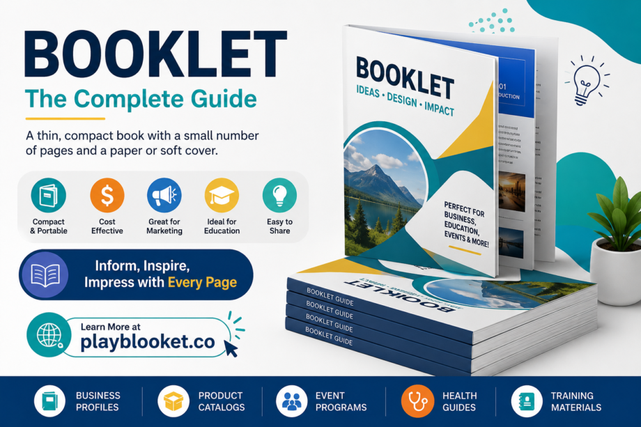 Booklet: The Complete Guide to Understanding, Creating, and Using Booklets Effectively Modern booklet design illustrating a thin, compact book with a soft cover, highlighting its uses for business, education, marketing, and events alongside the website playblooket.co.