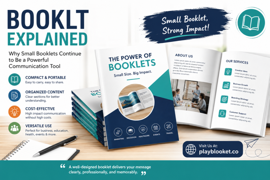 Professional Booklt design showing how small booklets are used for business, education, marketing, healthcare, and communication with PlayBlooket.co branding.