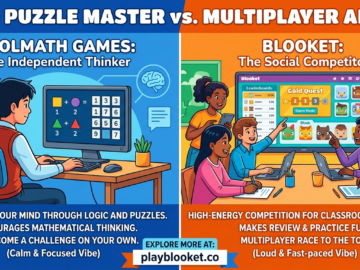 Beyond the Bell: Why Coolmath Games and Blooket are Winning at Two Different Games Coolmath Games vs Blooket comparison infographic showing solo puzzle games versus multiplayer classroom learning arena with link to playblooket.co