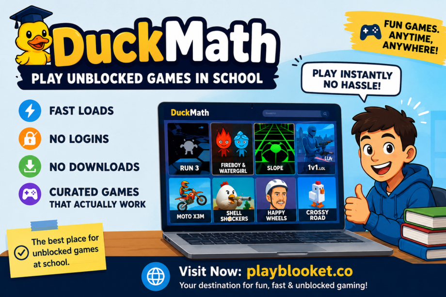 DuckMath homepage showcasing fast unblocked games that can be played instantly at school with no downloads or logins