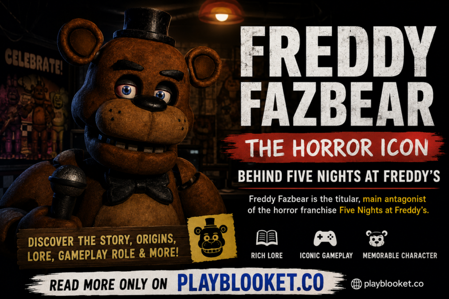 Freddy Fazbear standing inside a dark pizzeria in Five Nights at Freddy's