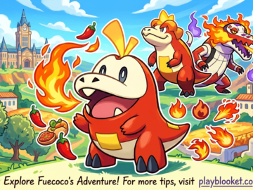Fuecoco: The Fire Starter That Brings Fun and Power to Pokémon Scarlet Illustration of Fuecoco, the Fire-type starter Pokémon from Pokémon Scarlet, featured with the playblooket.co website branding.
