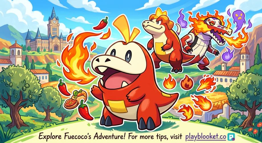 Illustration of Fuecoco, the Fire-type starter Pokémon from Pokémon Scarlet, featured with the playblooket.co website branding.