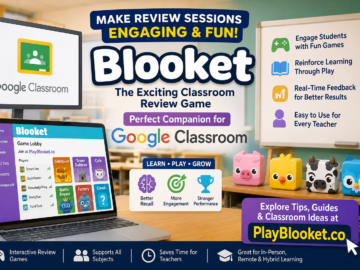 Why Google Classroom Needs More Engaging Review Tools: How Blooket Brings Learning to Life Illustration showing Google Classroom integrated with Blooket for interactive classroom review games, featuring engaging learning activities and PlayBlooket.co as a resource for teachers.