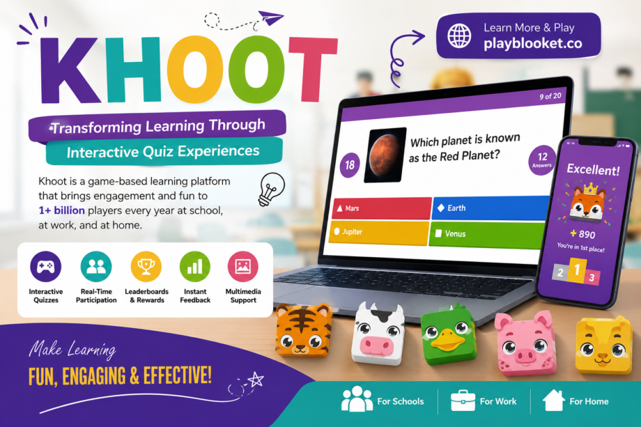 Khoot: Transforming Learning Through Interactive Quiz Experiences Khoot interactive learning platform displayed on a laptop and smartphone with quiz gameplay, leaderboard, and educational features for students, teachers, and workplace training.