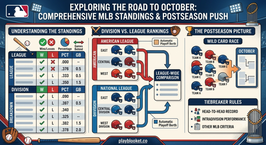 MLB Standings Explained: A Complete Guide to Division, Wild Card, and Playoff Rankings Comprehensive infographic explaining MLB standings structure, winning percentage, division versus league rankings, and Wild Card playoff rules.