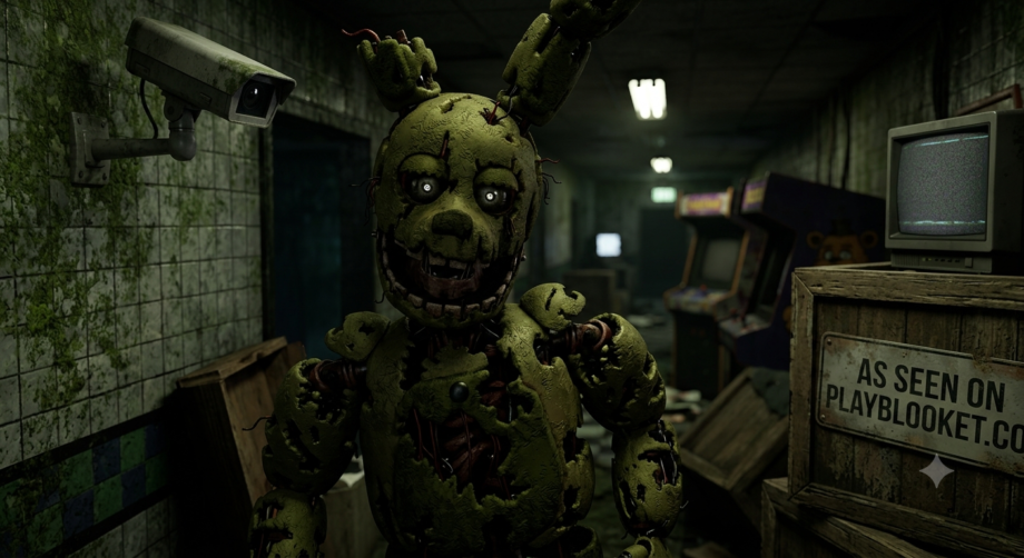 Springtrap, the main antagonist and haunted animatronic from Five Nights at Freddy's 3, standing inside the abandoned Fazbear's Fright attraction.