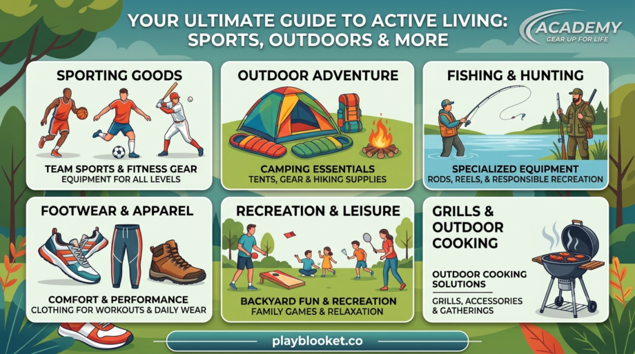 Academy Sports + Outdoors: Your Complete Destination for Outdoor Adventures, Sports Gear, and Active Lifestyle Essentials Comprehensive visual guide for Academy Sports and Outdoors covering sporting goods, camping gear, fishing equipment, athletic footwear, and outdoor grills.