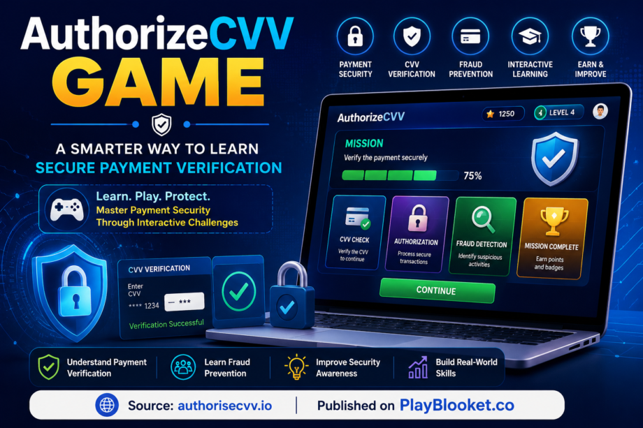 AuthorizeCVV Game dashboard demonstrating secure payment verification, CVV validation, fraud prevention, and interactive online payment security learning.