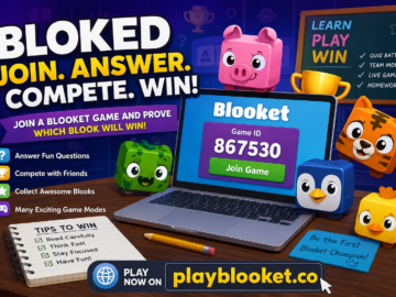 Bloked: The Smarter Way to Join Blooket Games and Challenge Your Knowledge Bloked educational game banner showing students joining a Blooket quiz, answering questions, collecting Blooks, and competing in exciting classroom challenges on playblooket.co.