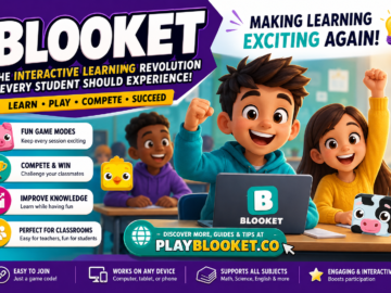 Students playing Bloocket interactive classroom review game with educational quizzes, game modes, and learning activities on PlayBlooket.co
