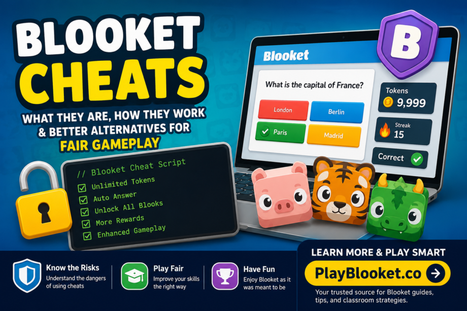 Illustration showing Blooket cheats, cheat scripts, game modifications, and safe alternatives with PlayBlooket.co educational resources.