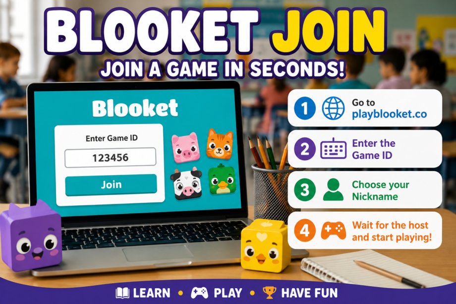 Blooket Join game code screen on laptop for students joining a live classroom quiz