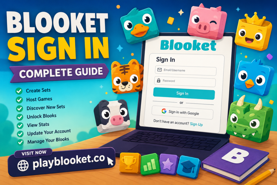 Blooket sign in page illustration showing account login, game hosting, Blooks management, and learning dashboard with playblooket.co branding.