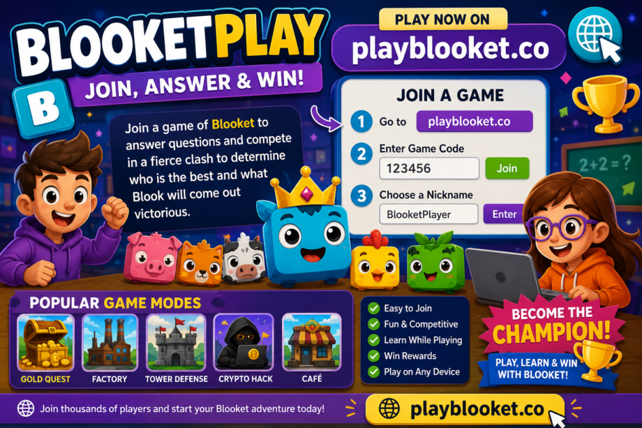 Illustration of BlooketPlay showing how to join a live educational quiz game using a game code on PlayBlooket.co with fun classroom game modes.