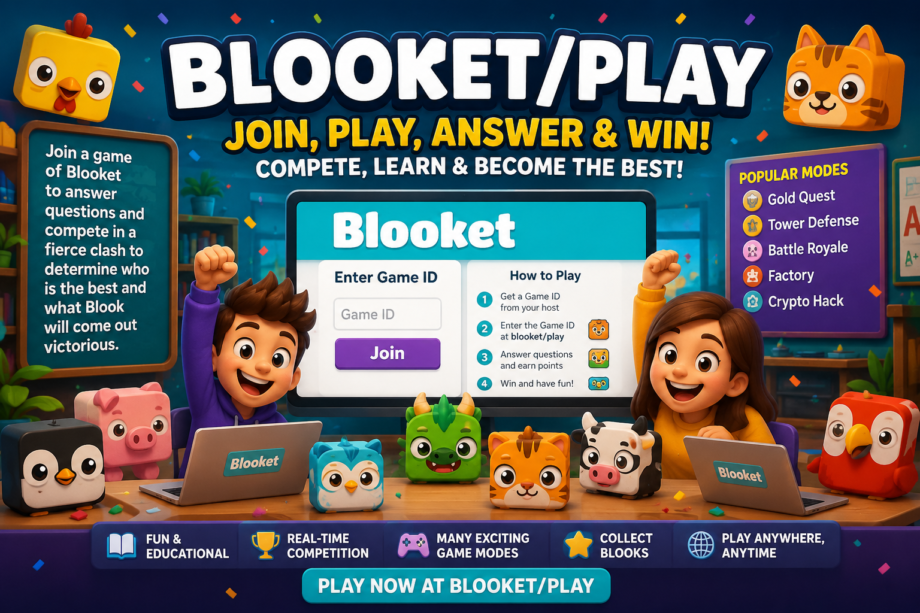 Students playing Blooket/Play educational quiz game with colorful Blooks while joining a live game, answering questions, and competing to win.