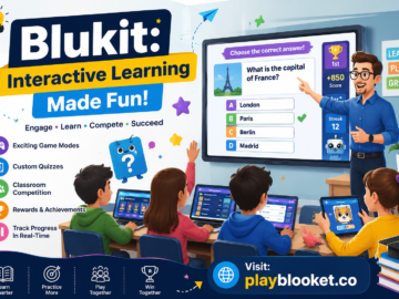 Blukit: Turning Classroom Review into an Interactive Learning Adventure Students using the Blukit interactive classroom learning platform while a teacher hosts a fun educational quiz on a digital smartboard.
