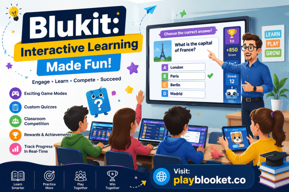 Blukit: Turning Classroom Review into an Interactive Learning Adventure Students using the Blukit interactive classroom learning platform while a teacher hosts a fun educational quiz on a digital smartboard.