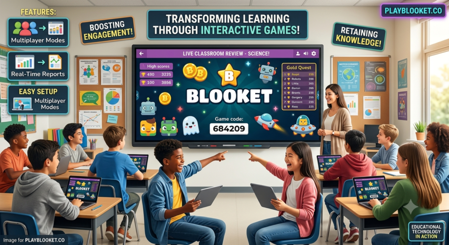 Students using Blooket to play interactive educational quiz games in a modern digital classroom for fun and effective learning.
