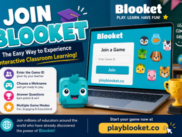 Students joining a Blooket game on a laptop using the Game ID for interactive classroom learning with playblooket.co.