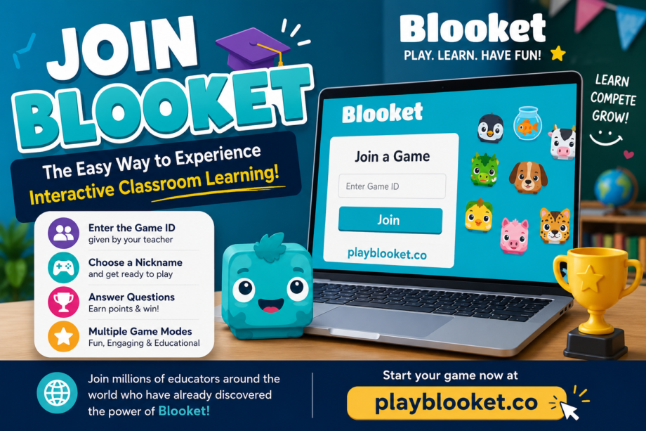 Students joining a Blooket game on a laptop using the Game ID for interactive classroom learning with playblooket.co.