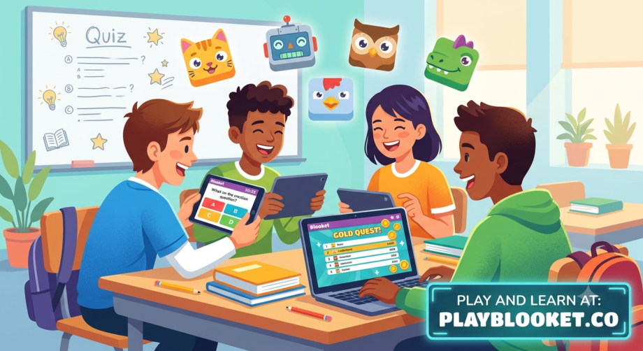 Students playing Play Bloket educational quiz game with colorful Blooks and live classroom competition