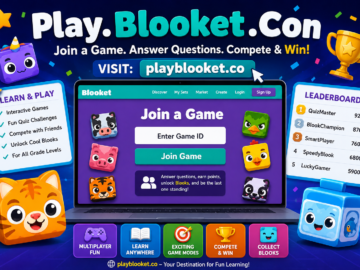 Play.Blooket.Con: The Ultimate Guide to Joining Blooket Games and Winning Every Challenge Play.Blooket.Con illustration showing players joining a Blooket game, entering a Game ID, answering quiz questions, collecting Blooks, and competing on a live leaderboard.