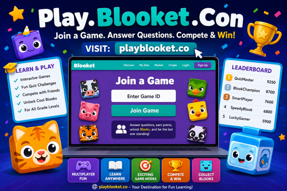 Play.Blooket.Con: The Ultimate Guide to Joining Blooket Games and Winning Every Challenge Play.Blooket.Con illustration showing players joining a Blooket game, entering a Game ID, answering quiz questions, collecting Blooks, and competing on a live leaderboard.