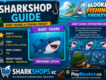 SharkShop Guide: How Baby Shark Became One of Fishing Frenzy’s Most Exciting Catches Illustration of Baby Shark in Blooket Fishing Frenzy showing Catch of the Day rarity, 7% hook chance, and SharkShop gameplay guide