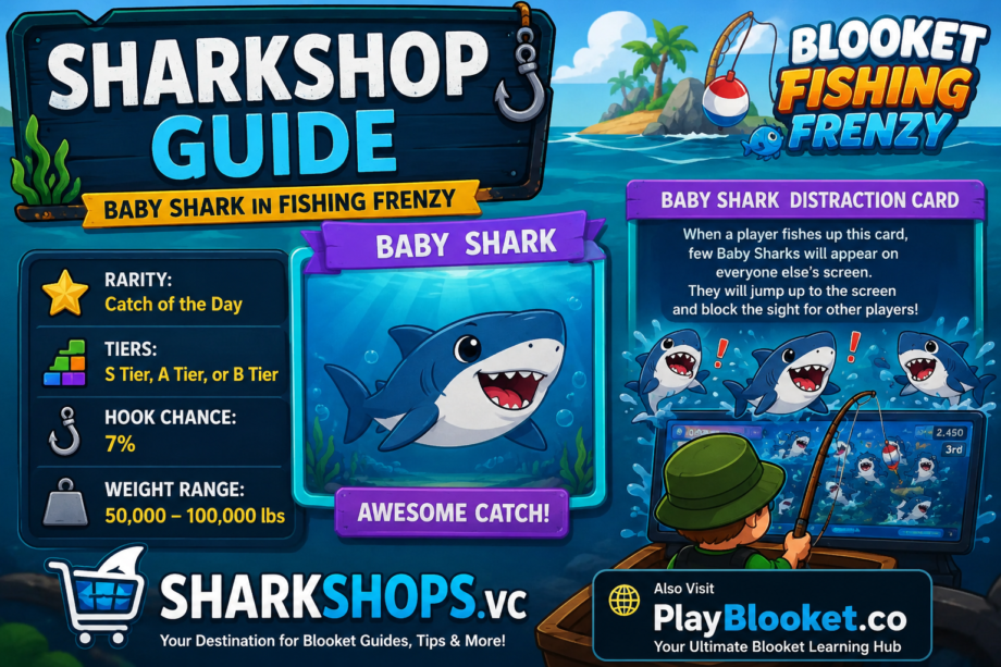SharkShop Guide: How Baby Shark Became One of Fishing Frenzy’s Most Exciting Catches Illustration of Baby Shark in Blooket Fishing Frenzy showing Catch of the Day rarity, 7% hook chance, and SharkShop gameplay guide