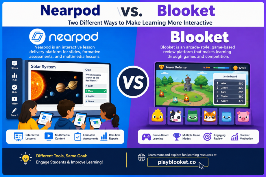 Nearpod and Blooket comparison showing interactive lessons and game-based learning