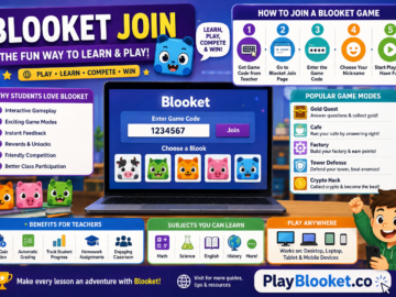 Students joining a Blooket game using a game code on laptops and tablets in a modern classroom, demonstrating interactive learning and game-based education.