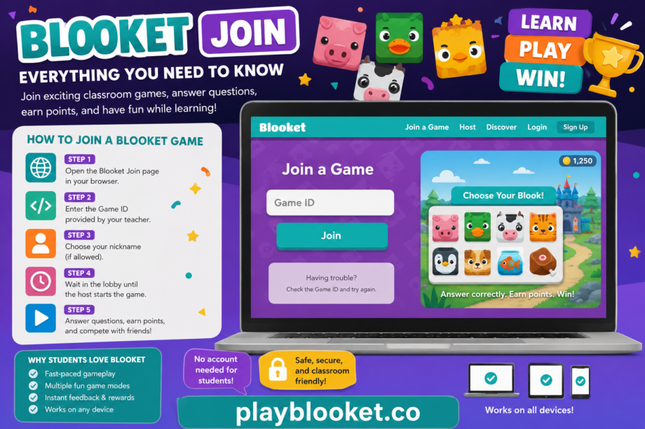 Student joining a Blooket game using a Game ID on playblooket.co with step-by-step instructions for interactive classroom learning