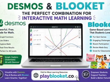 Desmos graphing calculator with Blooket game-based learning platform for interactive math education on playblooket.co