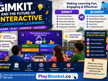 Students using Gimkit and Blooket in a modern classroom to participate in interactive learning games, educational quizzes, and engaging classroom review activities.