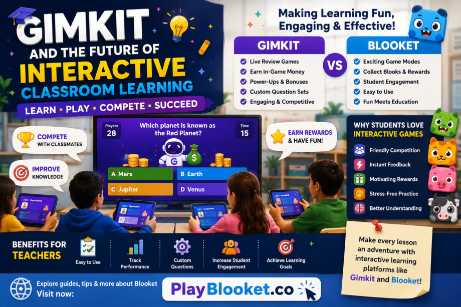 Gimkit vs Modern Classroom Games: How Interactive Learning Platforms Are Changing Student Engagement Students using Gimkit and Blooket in a modern classroom to participate in interactive learning games, educational quizzes, and engaging classroom review activities.