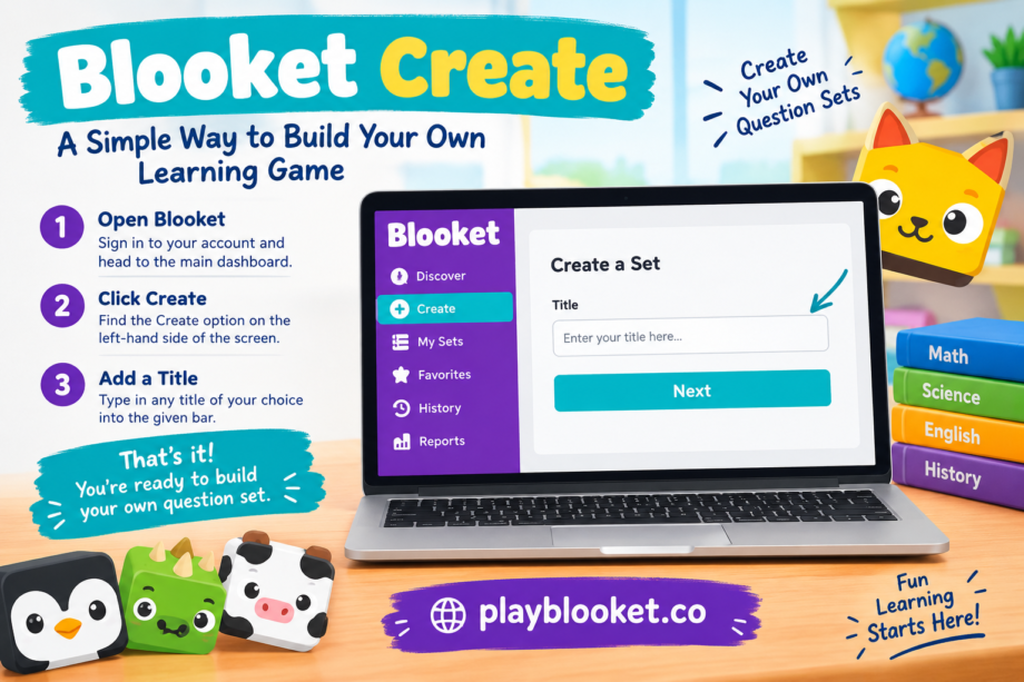 Blooket Create tutorial showing how to open Blooket, click Create, and add a title to a new question set
