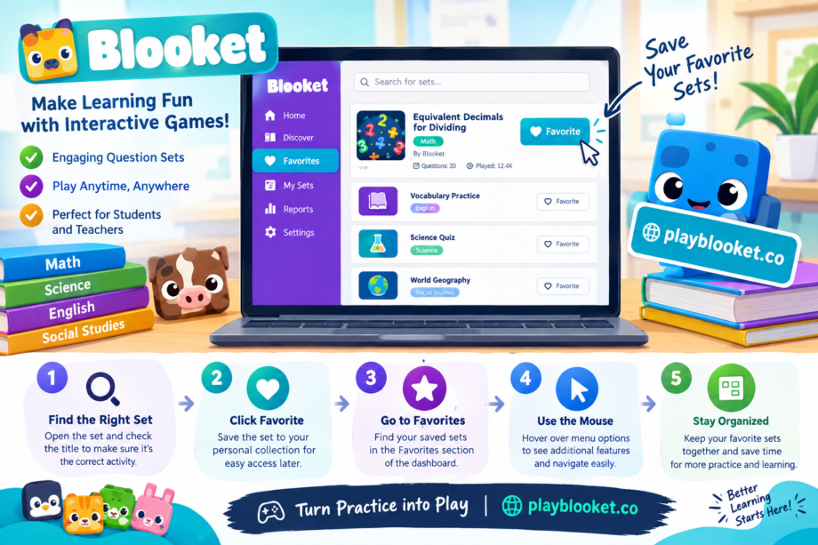 A Simple Guide to Using the Blooket Dashboard and Saving Learning Sets Blooket dashboard showing how to save Equivalent Decimals for Dividing and other educational question sets to Favorites