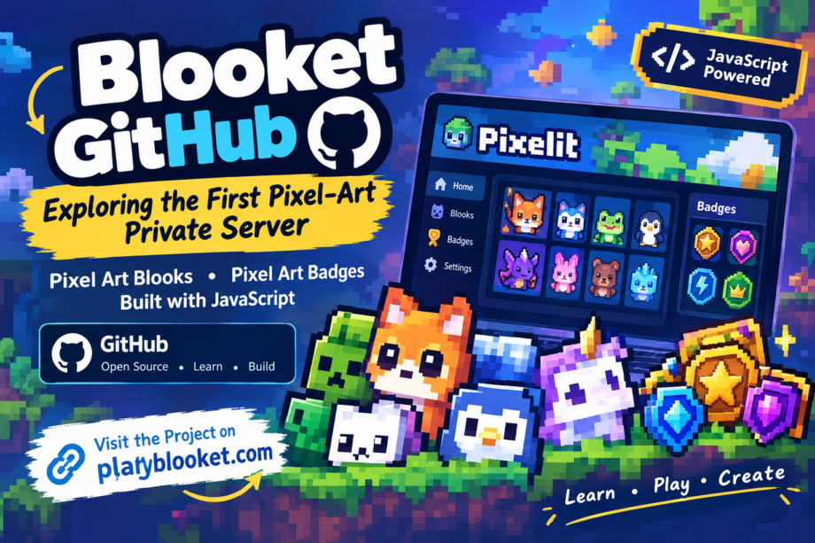 Blooket GitHub pixel art private server featuring colorful blooks and badges built with JavaScript